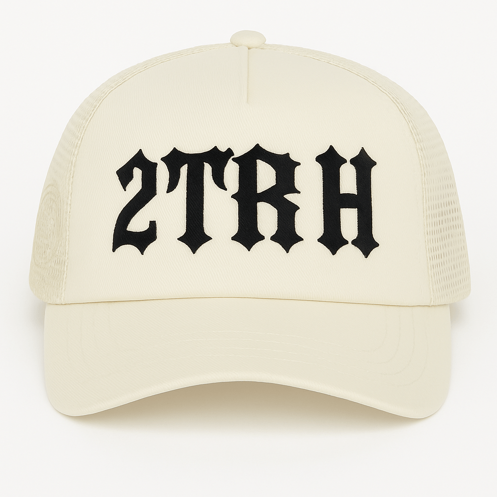 2TRH Gothic Trucker Hat – Beige/Black - 𝐓𝐖𝐎𝐓𝐑𝐔𝐓𝐇