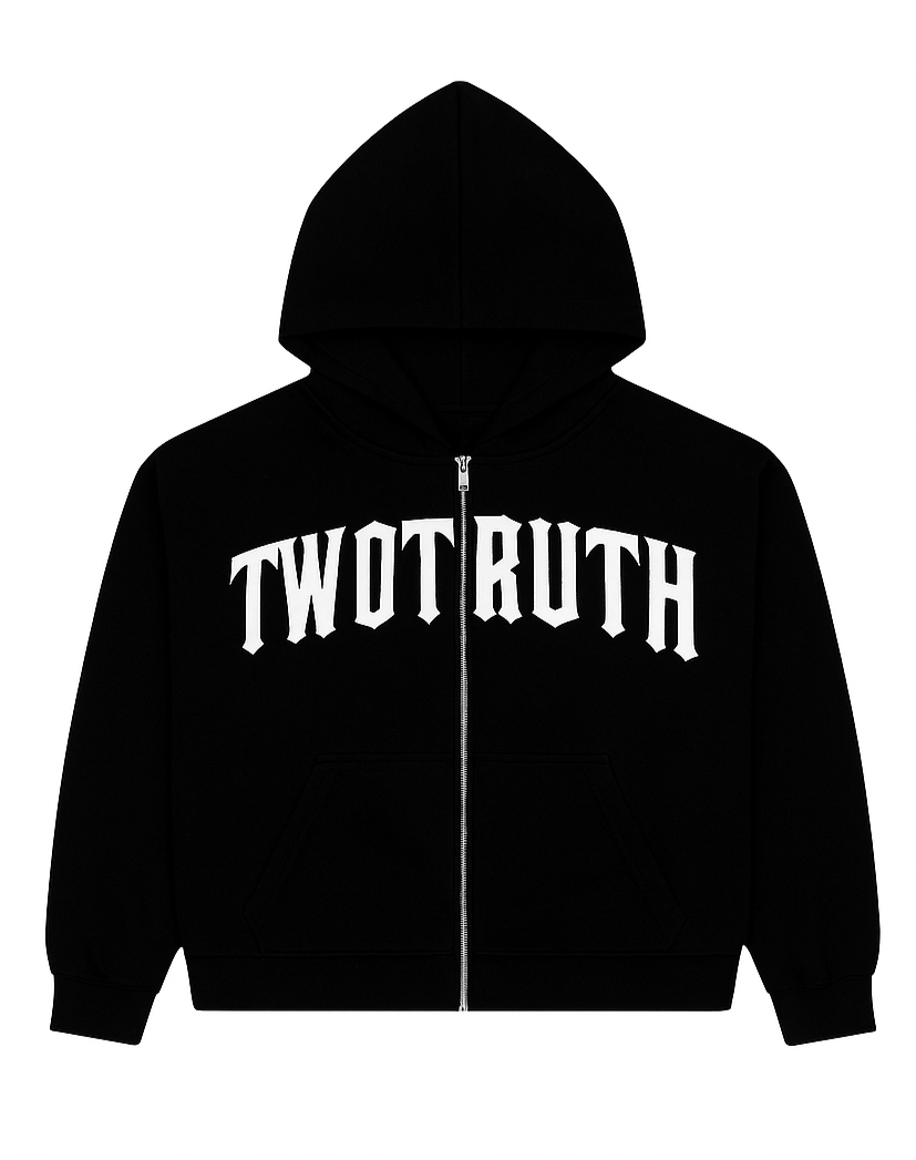 TwoTruth Streetwear Full Zip Hoodie – Black - 𝐓𝐖𝐎𝐓𝐑𝐔𝐓𝐇